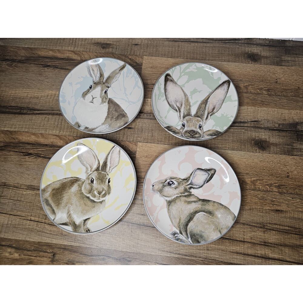 Williams Sonoma Blue Damask Easter Bunny Rabbit Salad‎ Dessert Plates Set Of 4